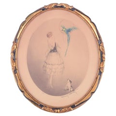 Louis Icart (1888-1950). Acquaforte su carta. Signora con cane e pappagallo.