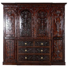 Antique Large 19thC English Breakfront Mahogany Carved Linen Press