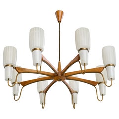 Lampadario di design svedese, ottone, teak, vetro, Svezia, anni '50