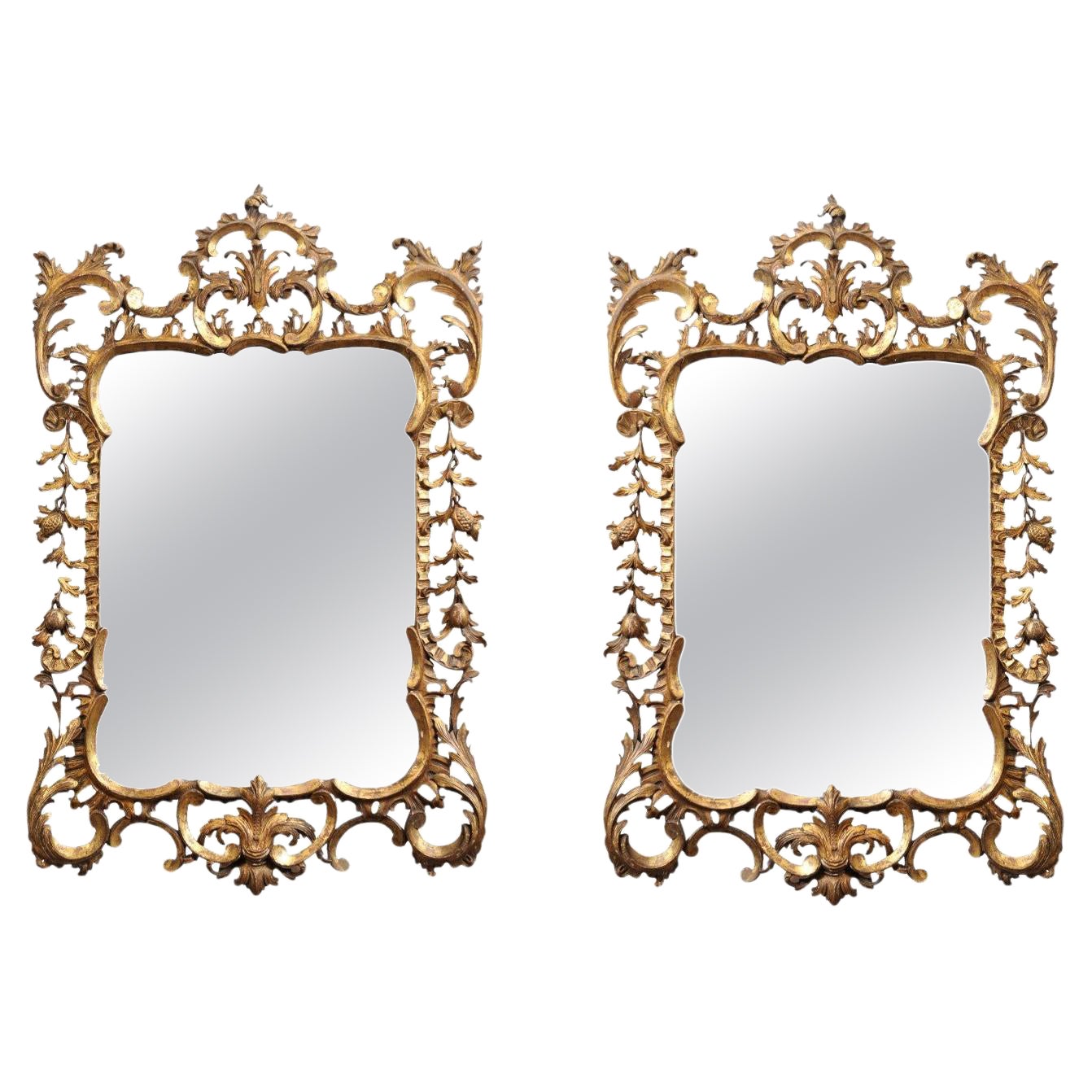 Pair of English Chippendale Style Giltwood Mirrors, Early 20th Century