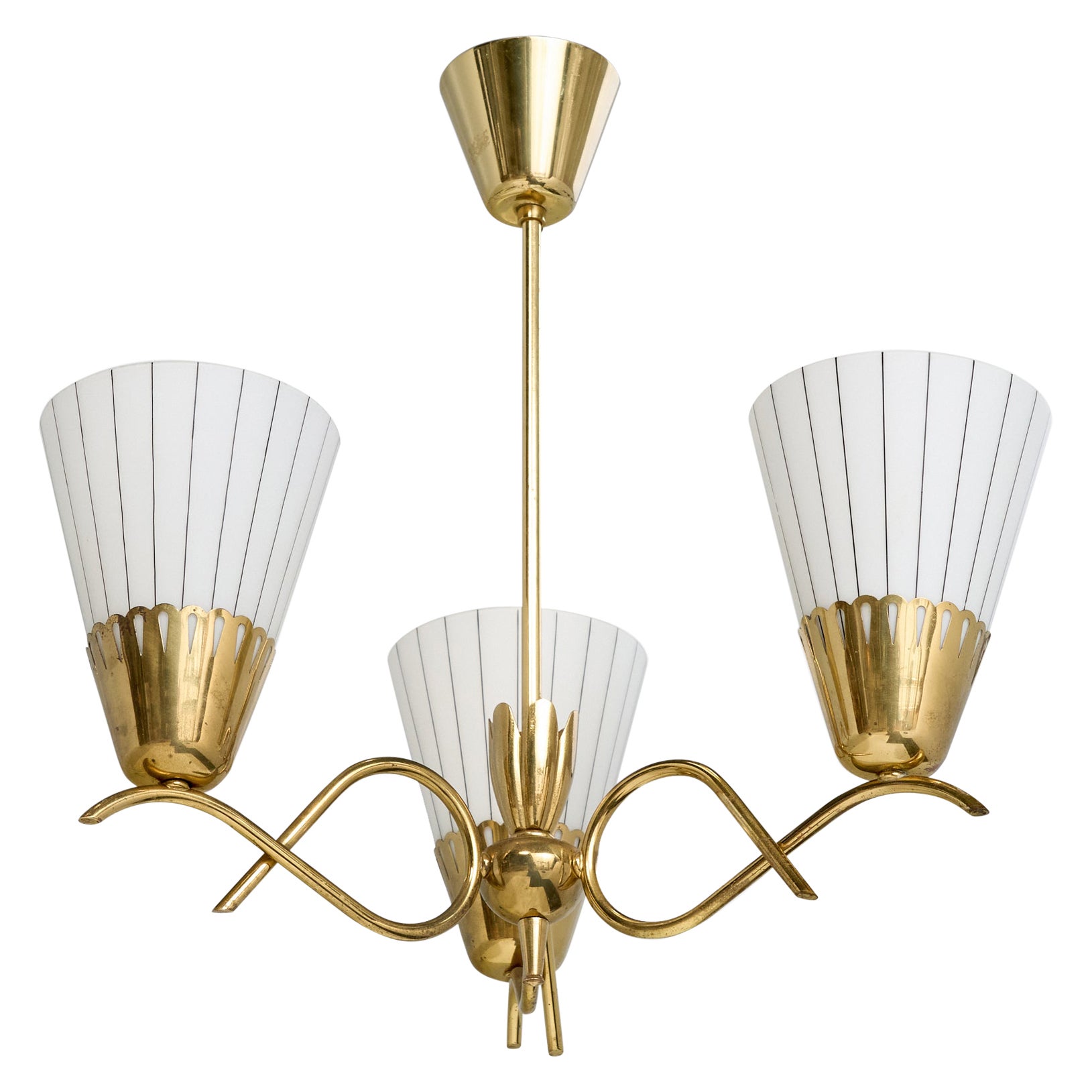 Swedish Designer, Chandelier, Brass, Glass, Sweden, 1950s For Sale