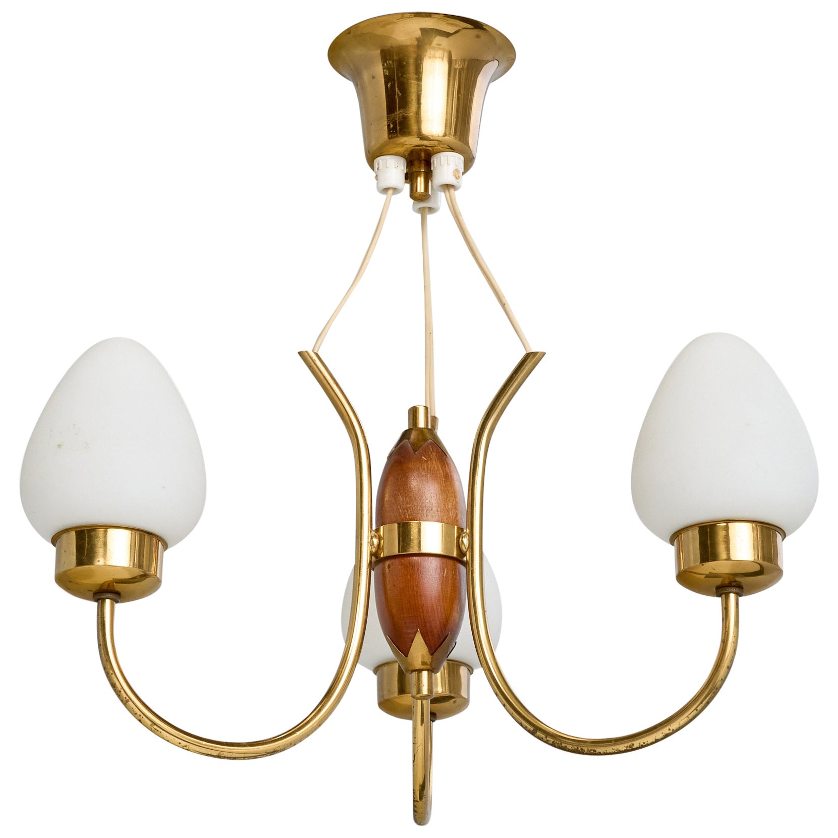 Swedish Designer, Chandelier, Brass, Wood, Glass, Sweden, 1950s For Sale