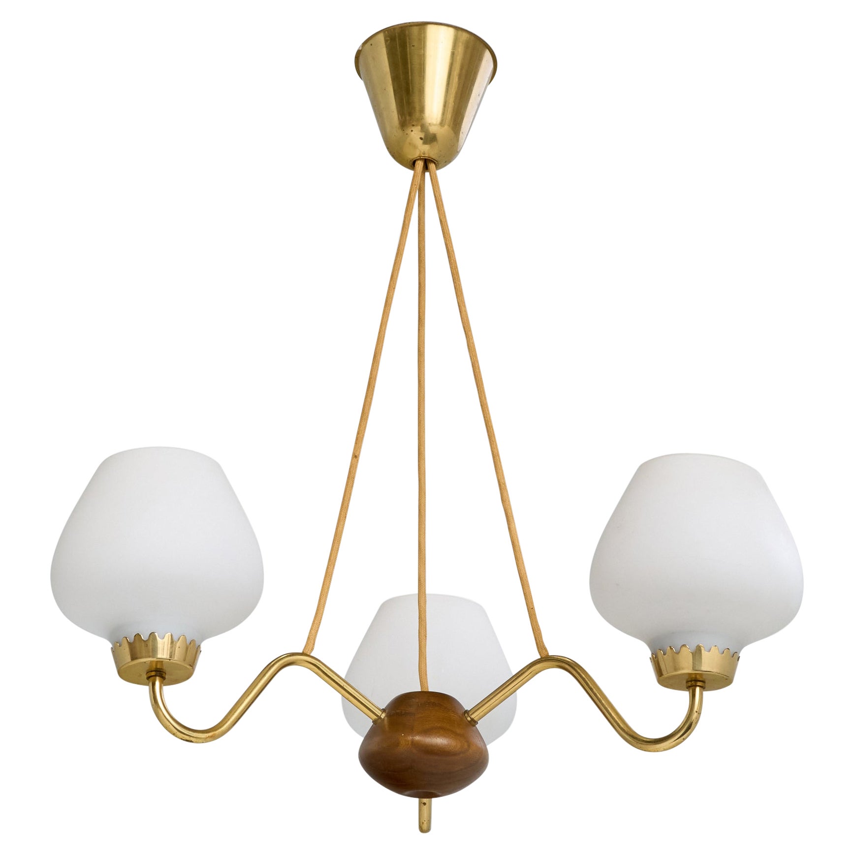 ASEA, Chandelier, Brass, Oak, Glass, Sweden, 1950s For Sale