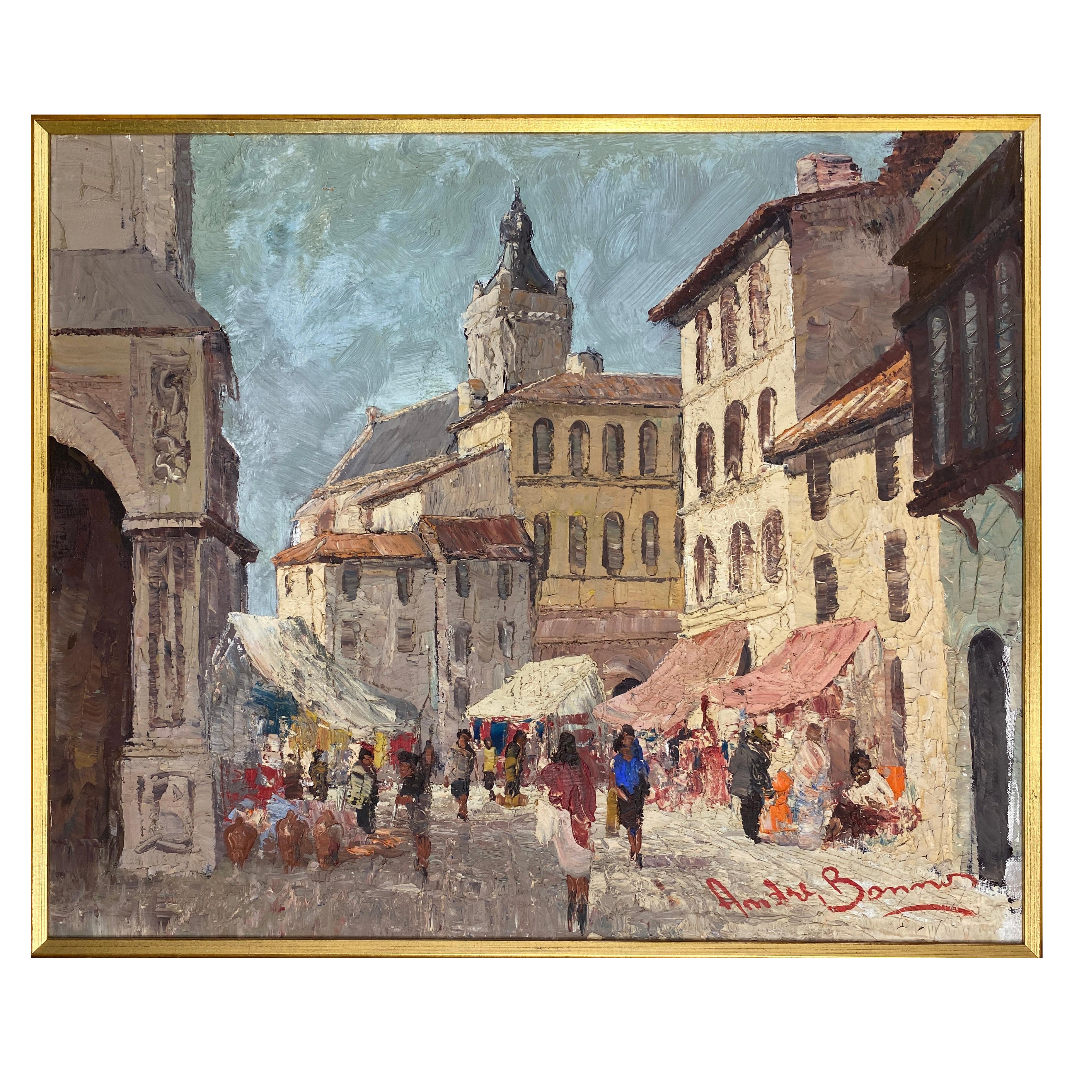 Pintura al óleo sobre lienzo Escena de calle de pueblo francés, Calle concurrida en Francia