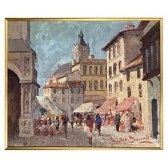 Pintura al óleo sobre lienzo Escena de calle de pueblo francés, Calle concurrida en Francia