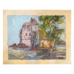 Anton Sipos ha firmato un dipinto a olio originale di un paesaggio moderno di metà secolo con una casa