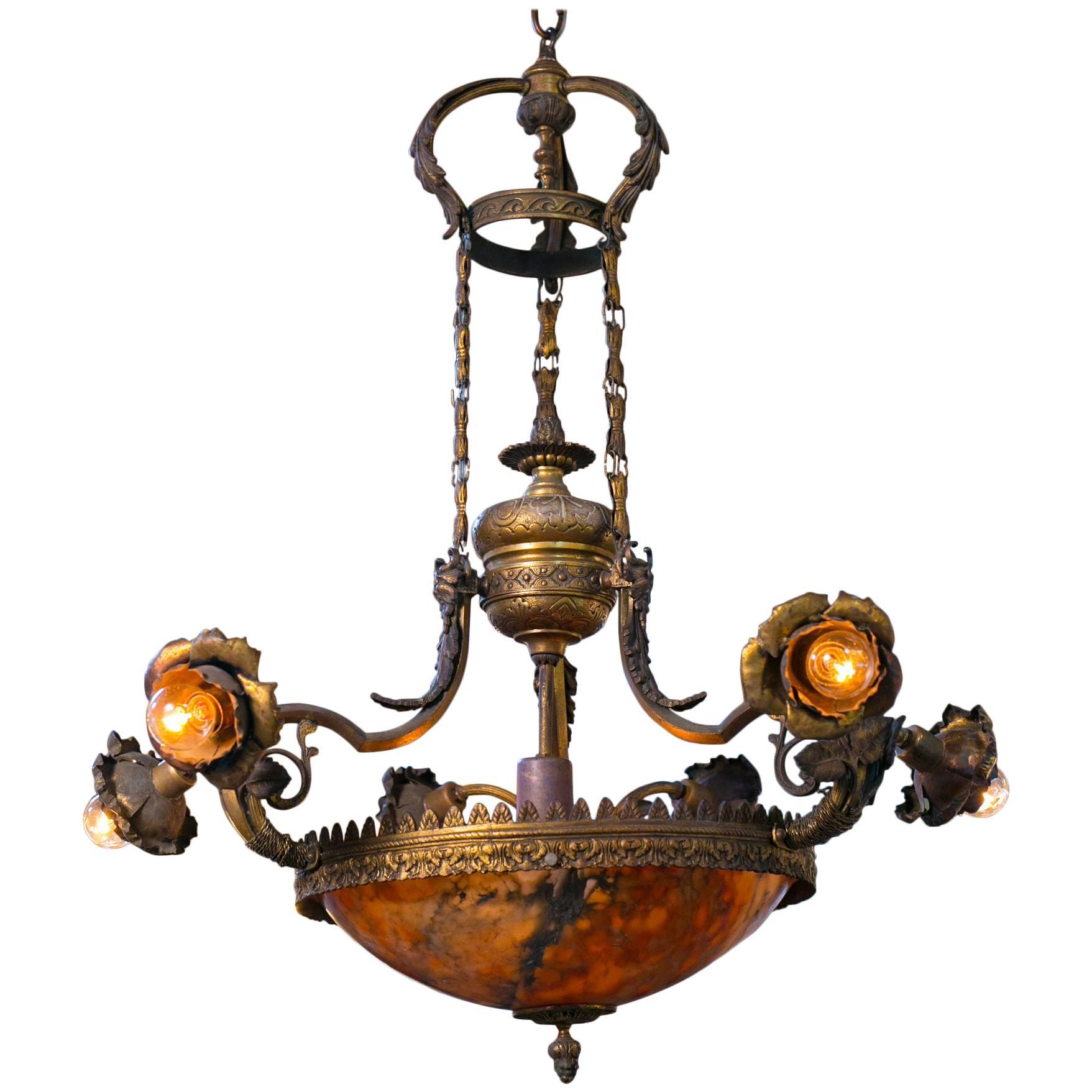Art Nouveau Floral Alabaster and Bronze Chandelier from France, circa 1890