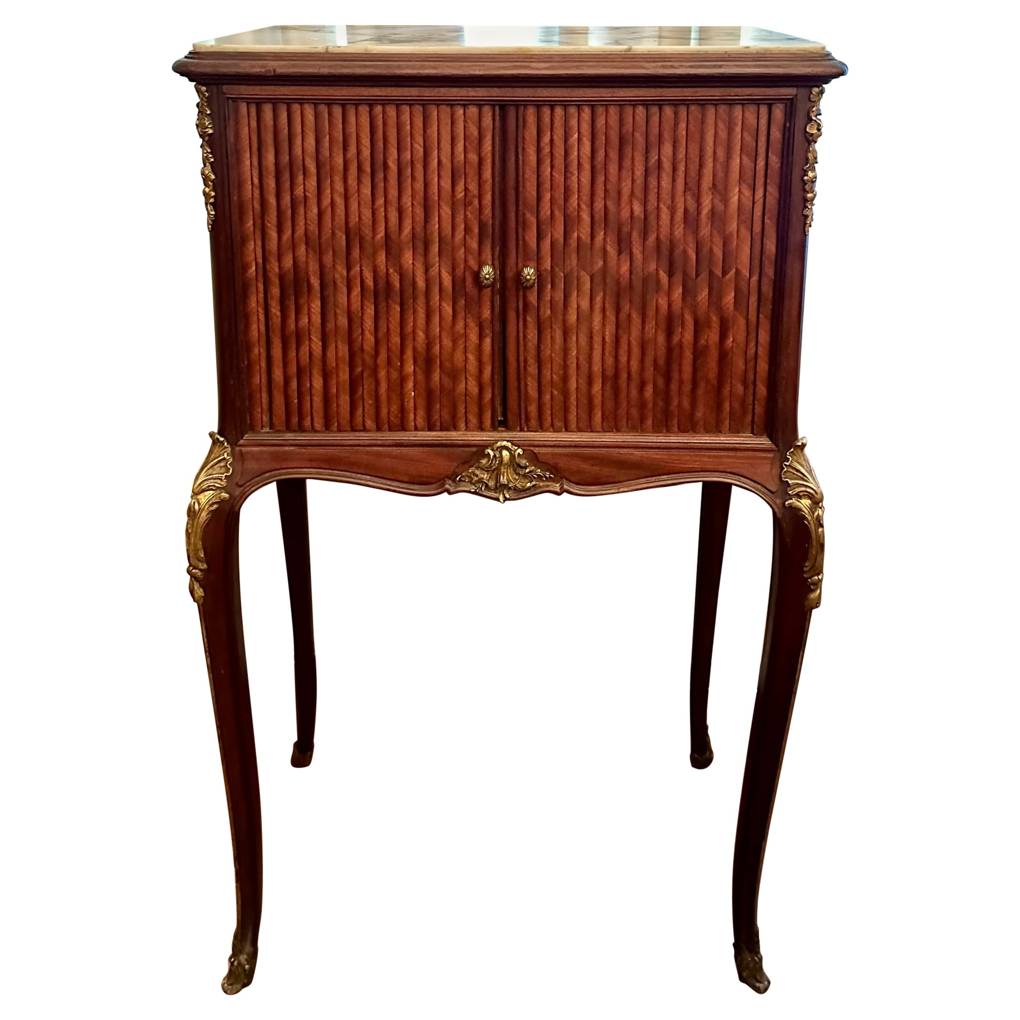 Antique French Gold Bronze Mounted Tambour Cabinet with Marble Top, Circa 1890. For Sale