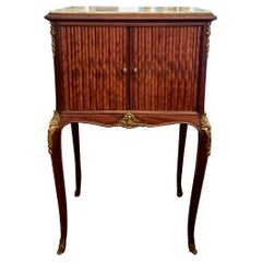 Antique French Gold Bronze Mounted Tambour Cabinet with Marble Top, Circa 1890.