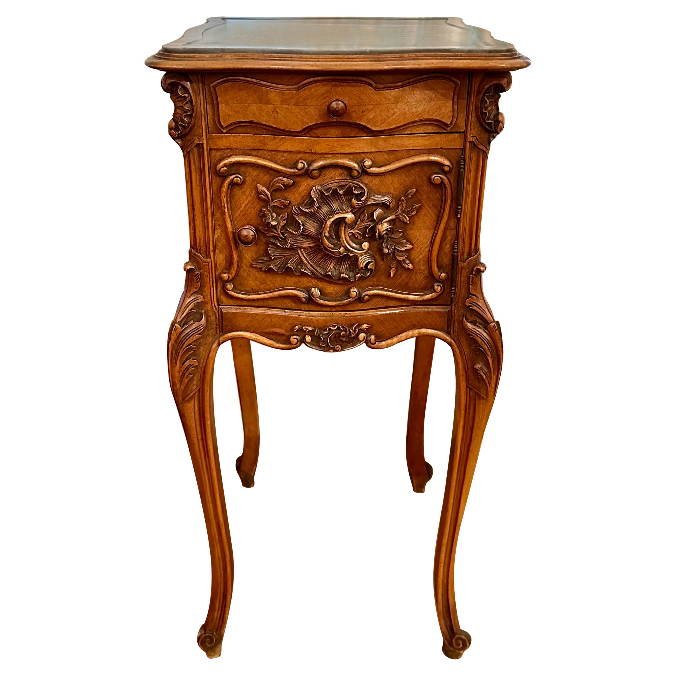 Antique French Louis XV Walnut Night Table with Marble Top, Circa 1890's.