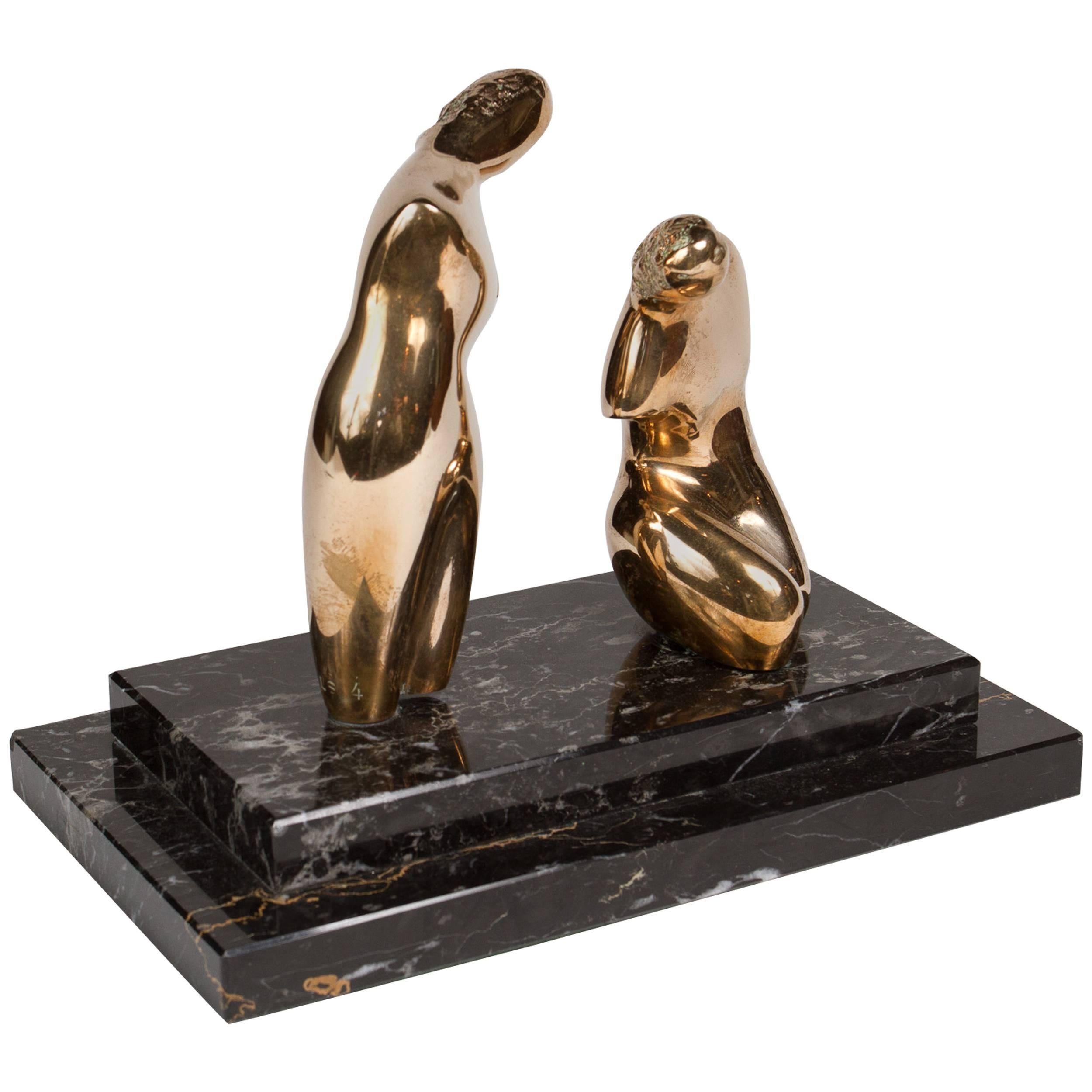Polished Bronze Abstract Sculpture of Two Woman