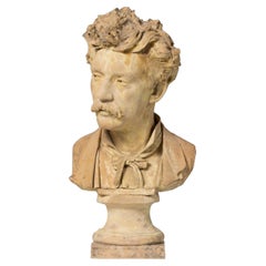 18th c. French Signed Yellow Terracotta Bust of an Artist