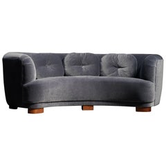 Danish Curved Sofa, Blue Mohair