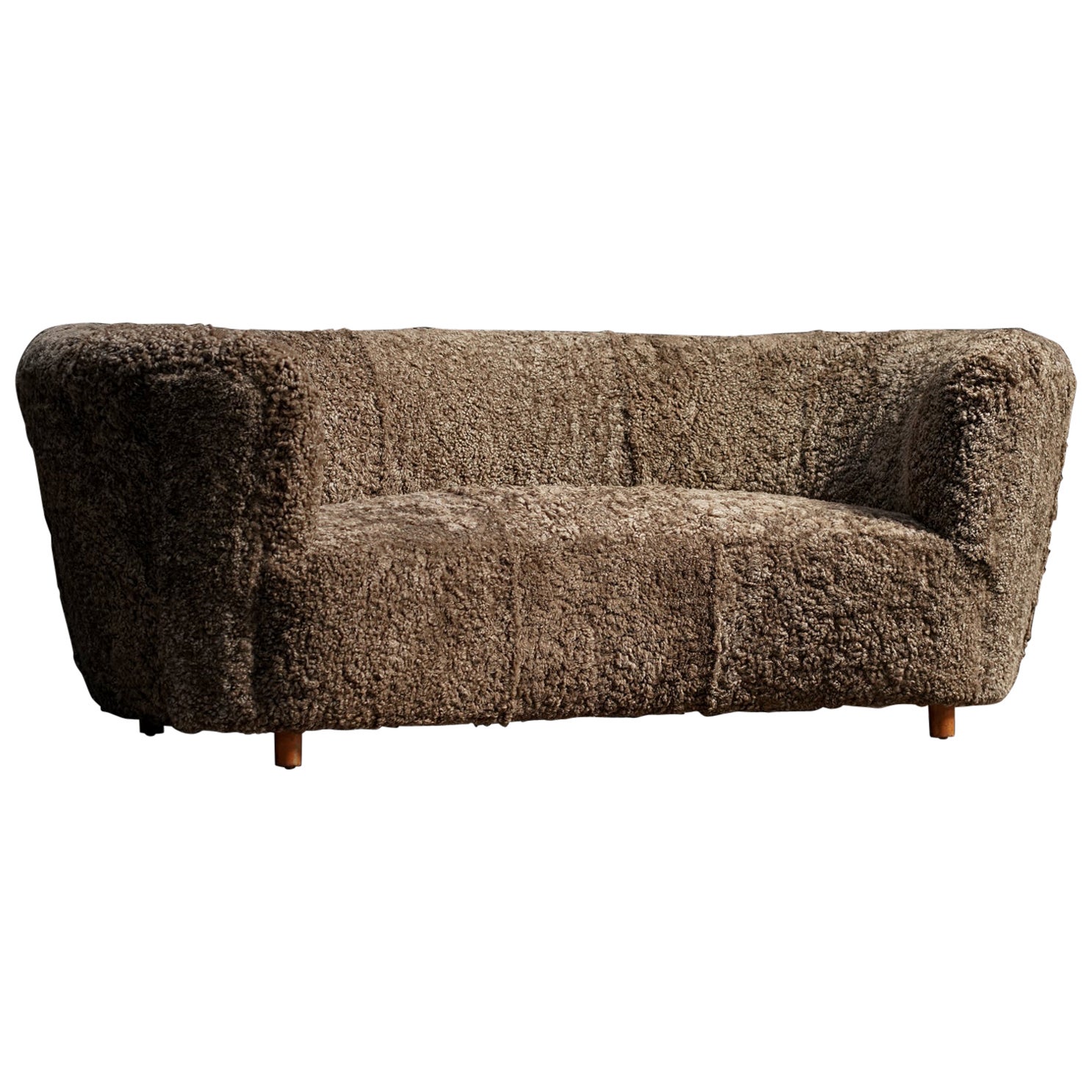 Danish Curved Sofa,  Brown Shearling For Sale