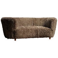 Used Danish Curved Sofa,  Brown Shearling