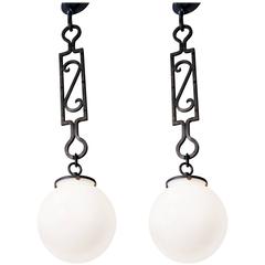 Unusual Antique Iron Pendants with Vintage Opaline, Blown Glass Balls 11