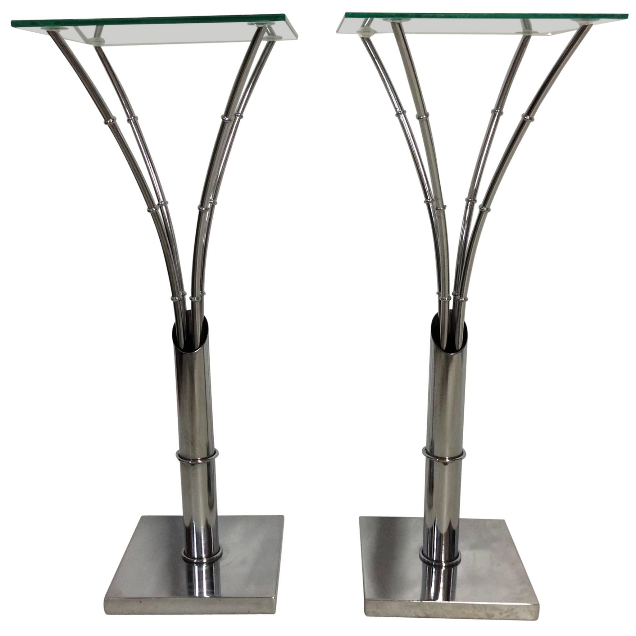 70's Pair Of Chrome Faux Bamboo Glass Top Side Tables For Sale