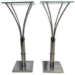 Retro 70's Pair Of Chrome Faux Bamboo Glass Top Side Tables