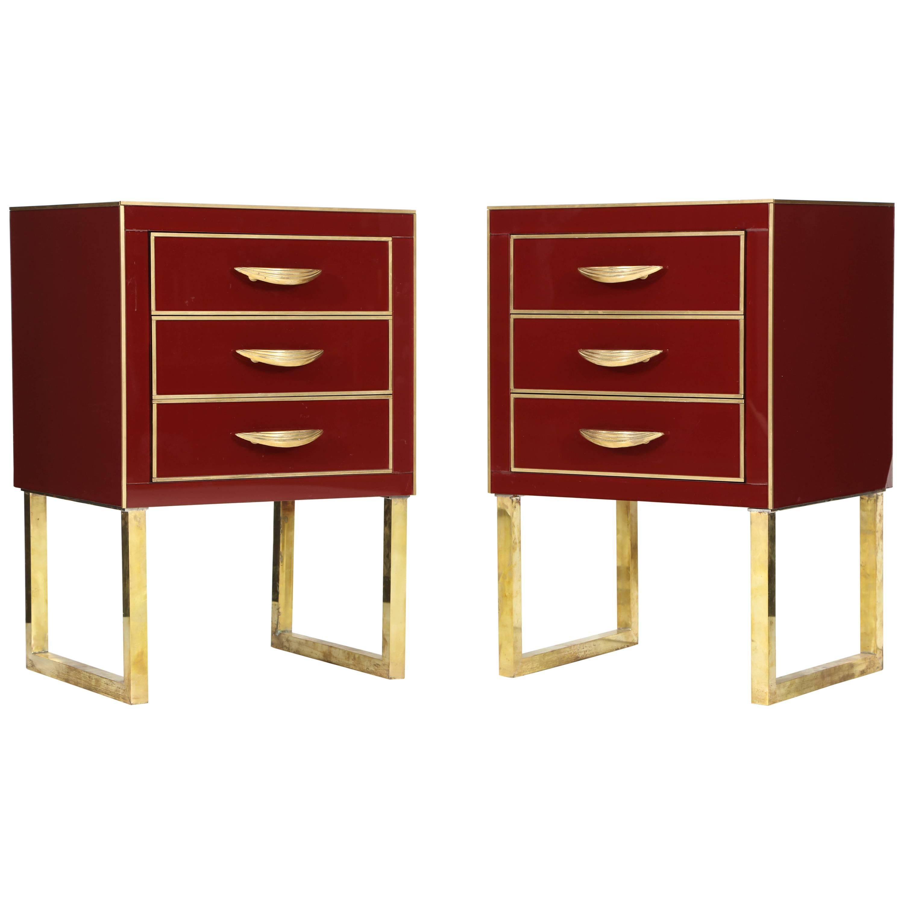 Rare Pair of Red Opaline Glass Nightstands with Brass Inlay, Italy