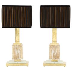 Large Pair of Italian Brass and Murano Glass Lamps with Infused Gold Specks