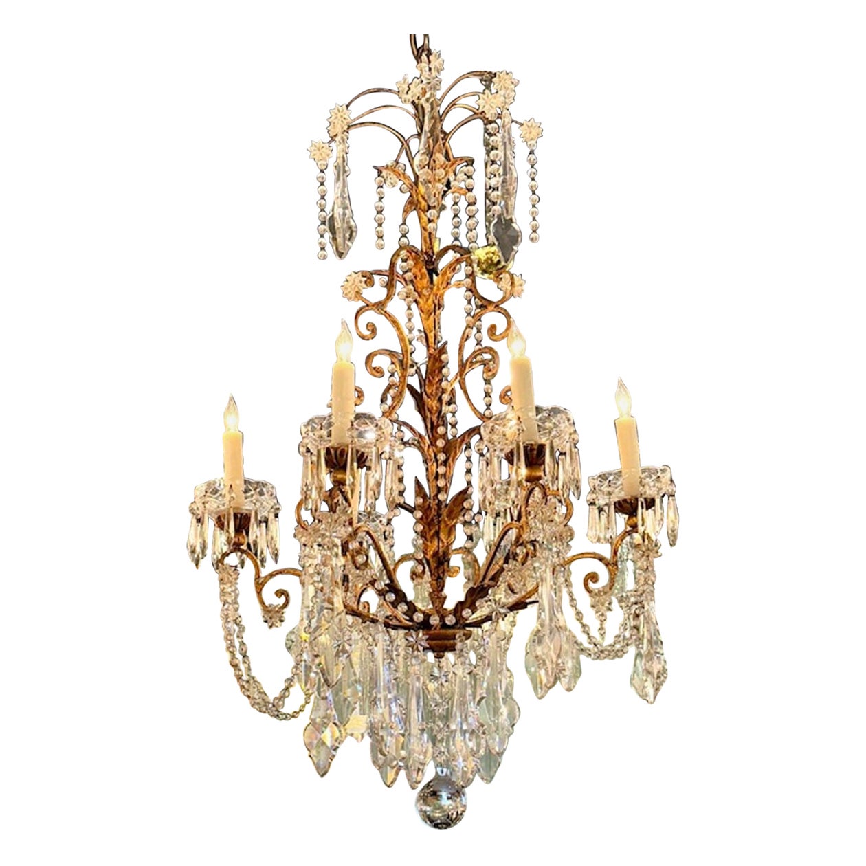 Early 20th Century Italian Gilt Toile and Crystal Chandelier