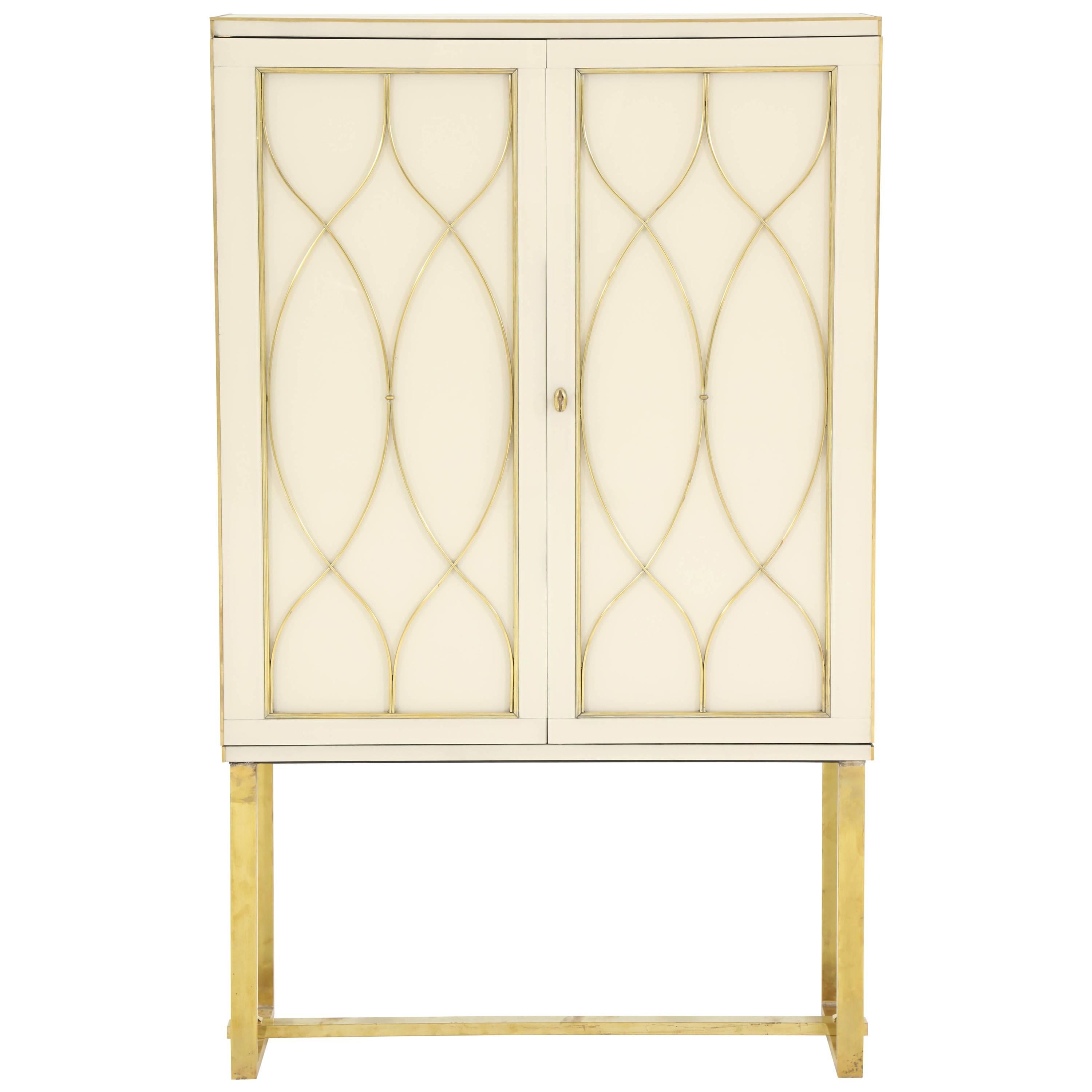 Mid-Century Ivory Opaline Glass Cabinet or Bar with Brass Inlays, Italy