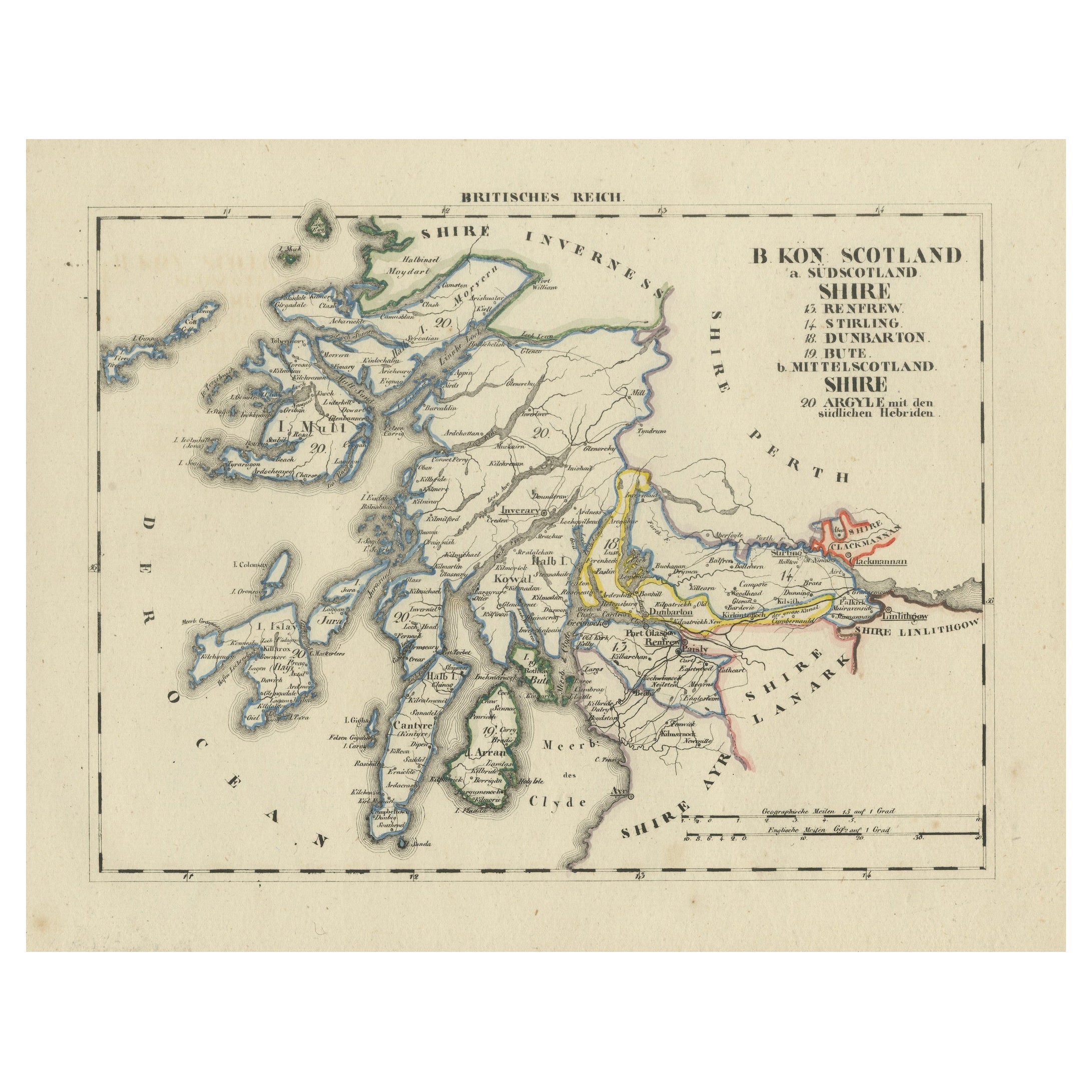 Antique 1830 Map of Scotland with Counties Renfrew, Stirling, Dumbarton and Bute For Sale