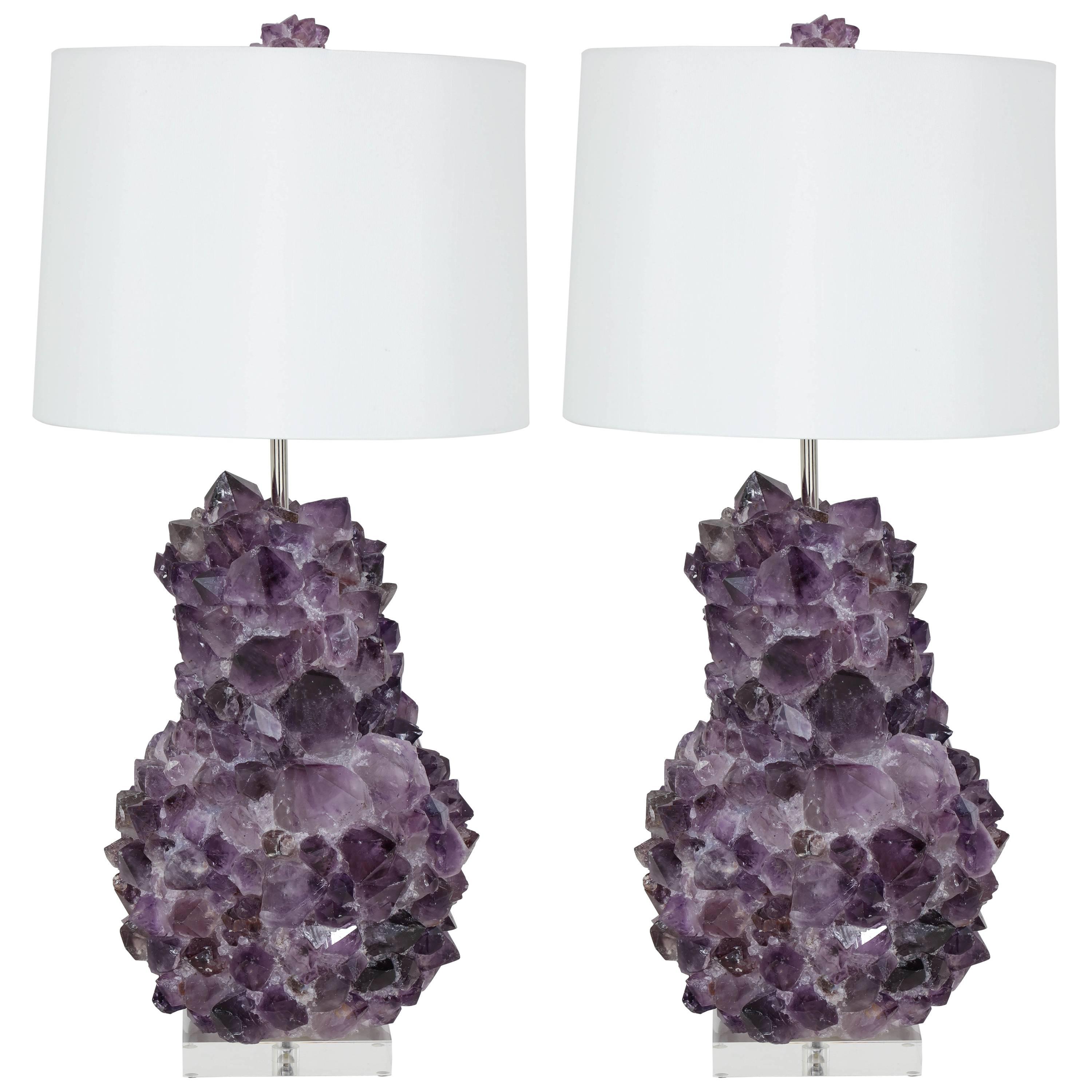 Pair of Faceted Amethyst Quartz Crystal Lamps