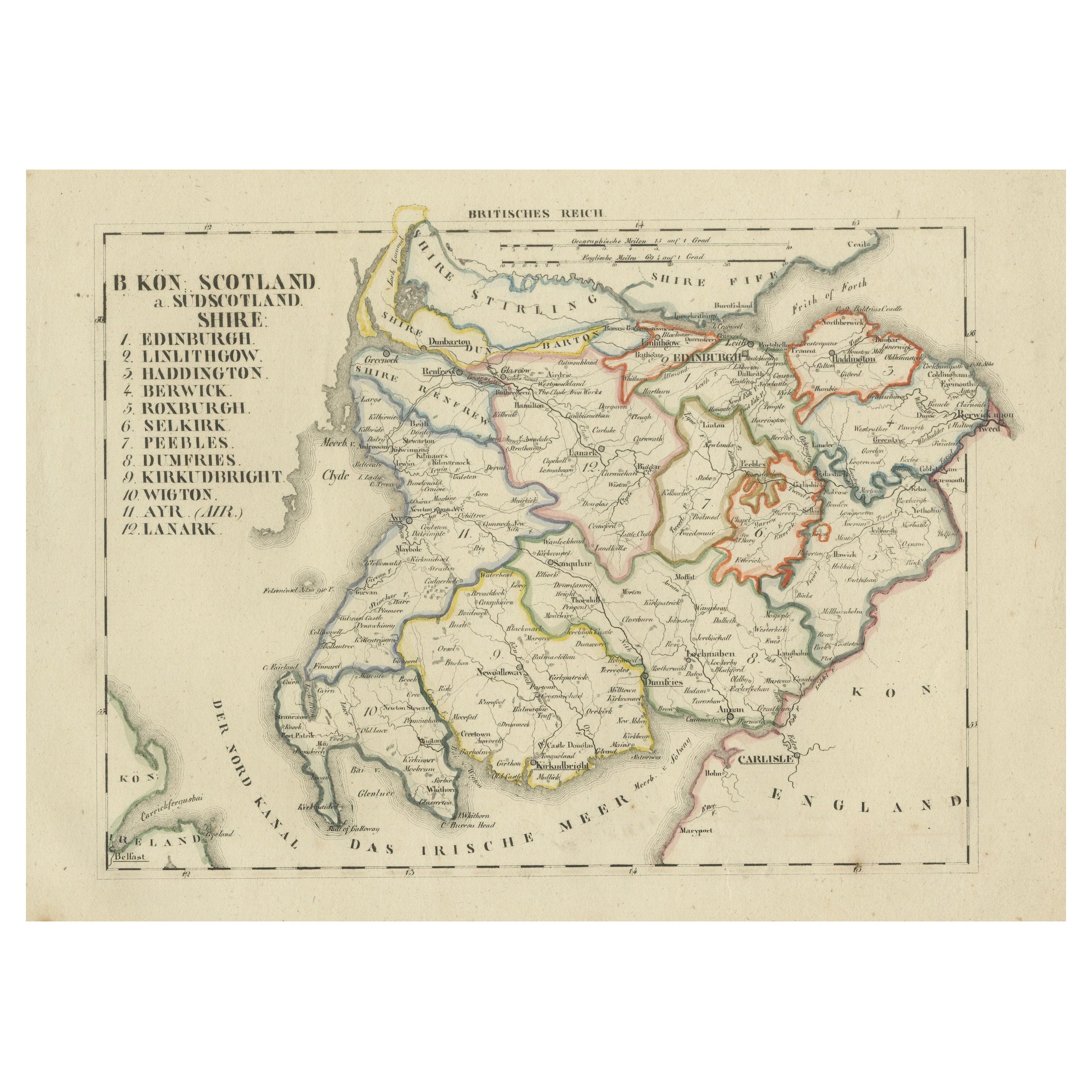 Antique 1830 Map of Southern Scotland with Edinburgh, Berwick, Ayr, and Dumfries
