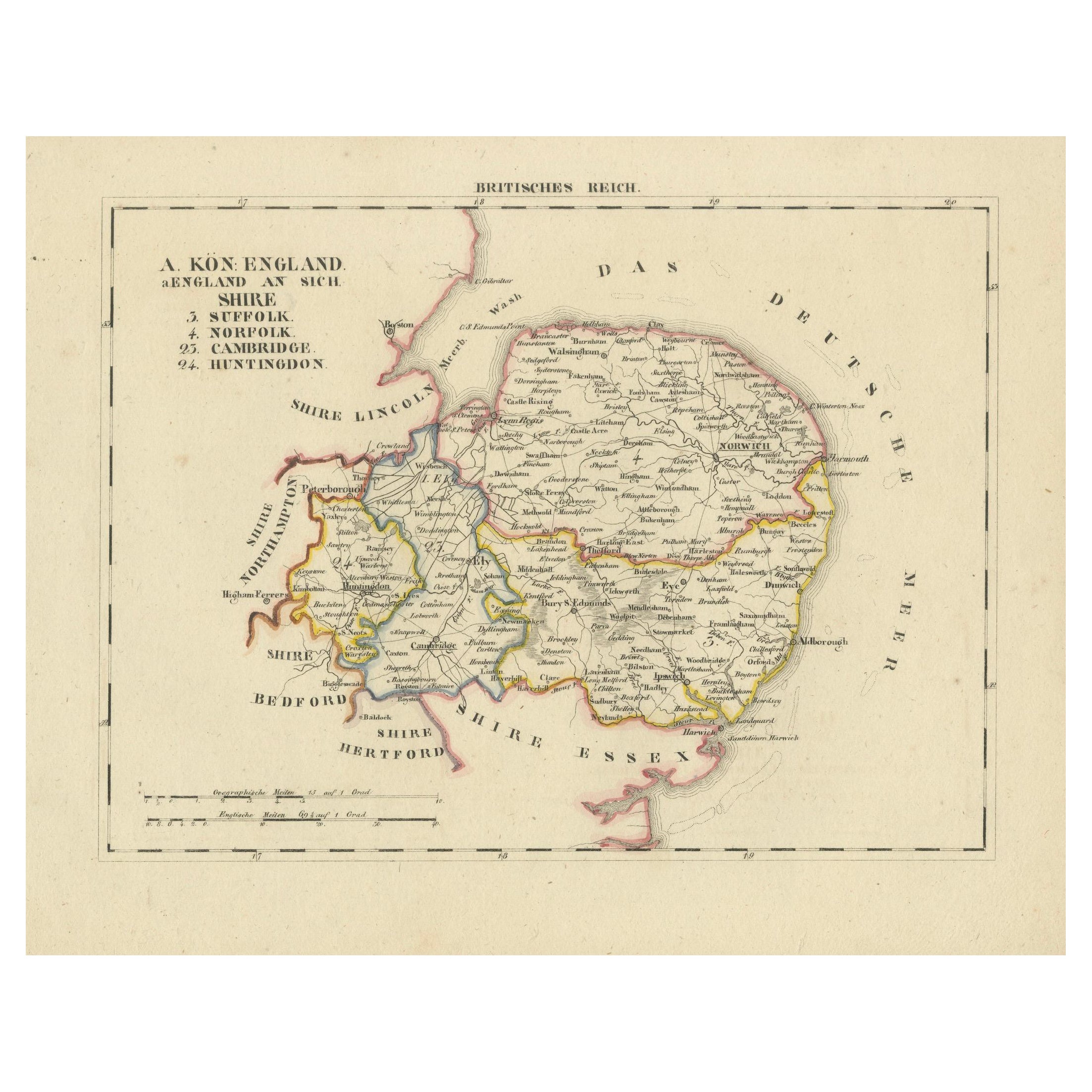 Antique 1830 Map of Eastern England with Suffolk, Norfolk Cambridge, Huntingdon For Sale