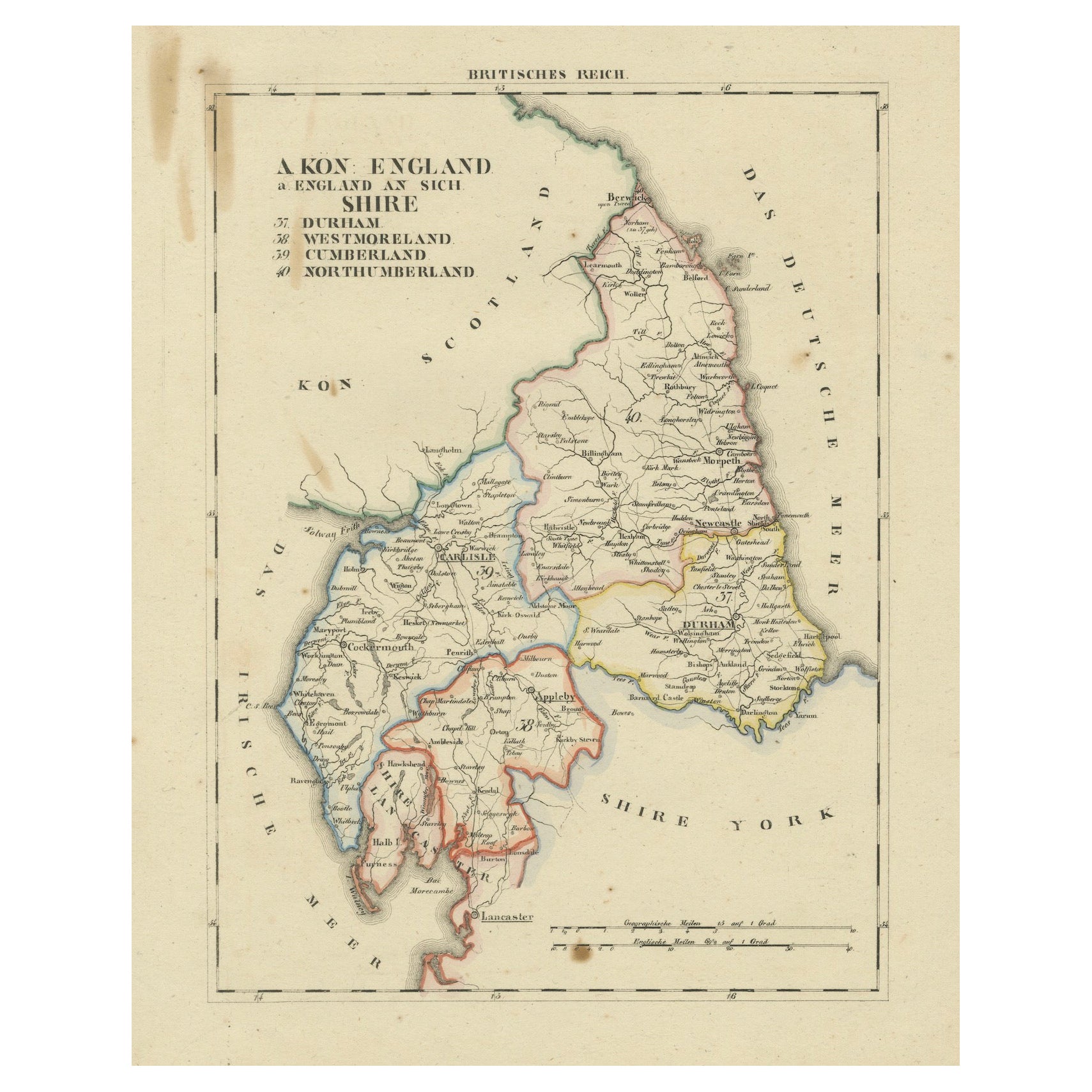 1830 Map of Northern England and Durham, Cumberland, Westmorland, Northumberland For Sale