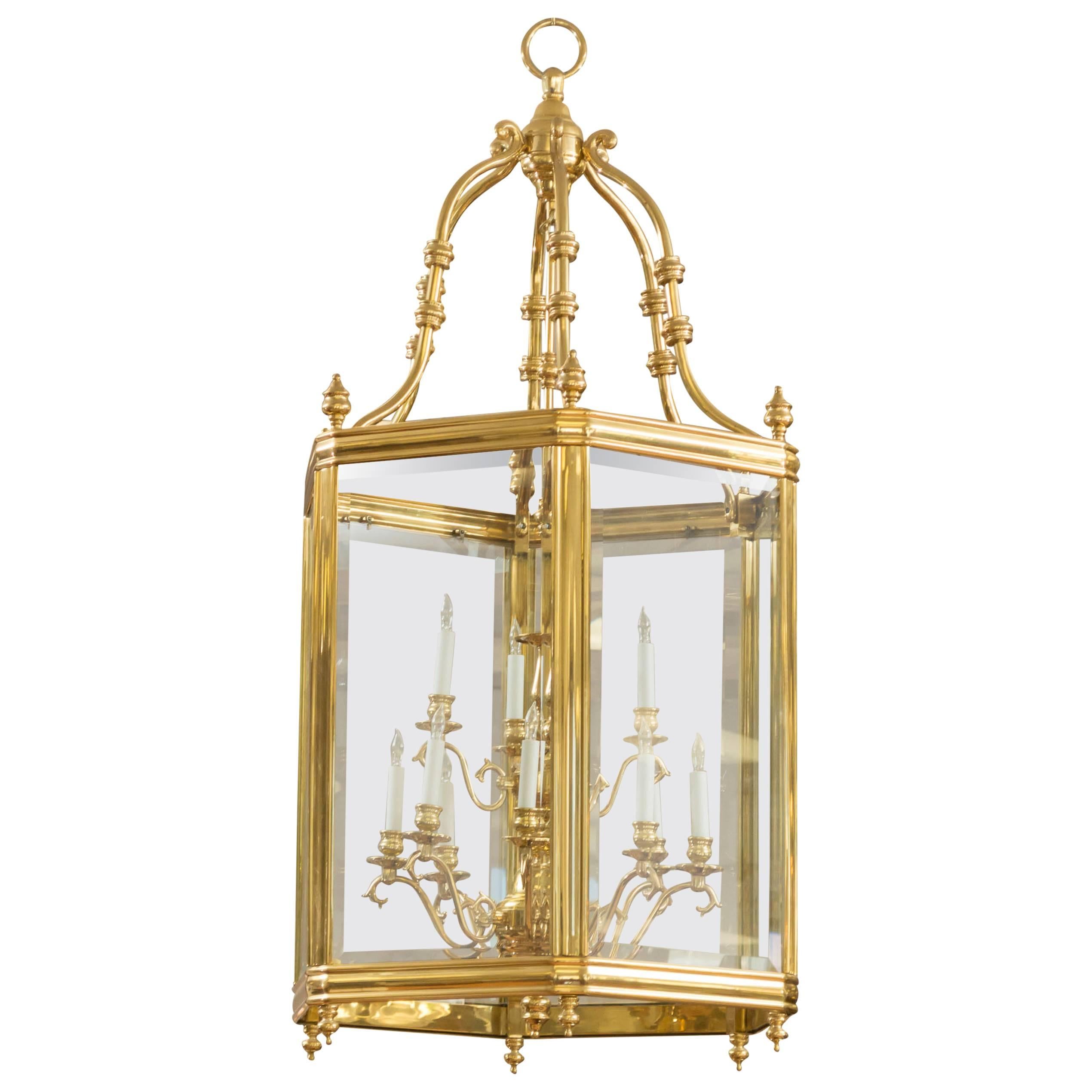 Monumental Brass and Glass Twelve-Light Foyer Pendant