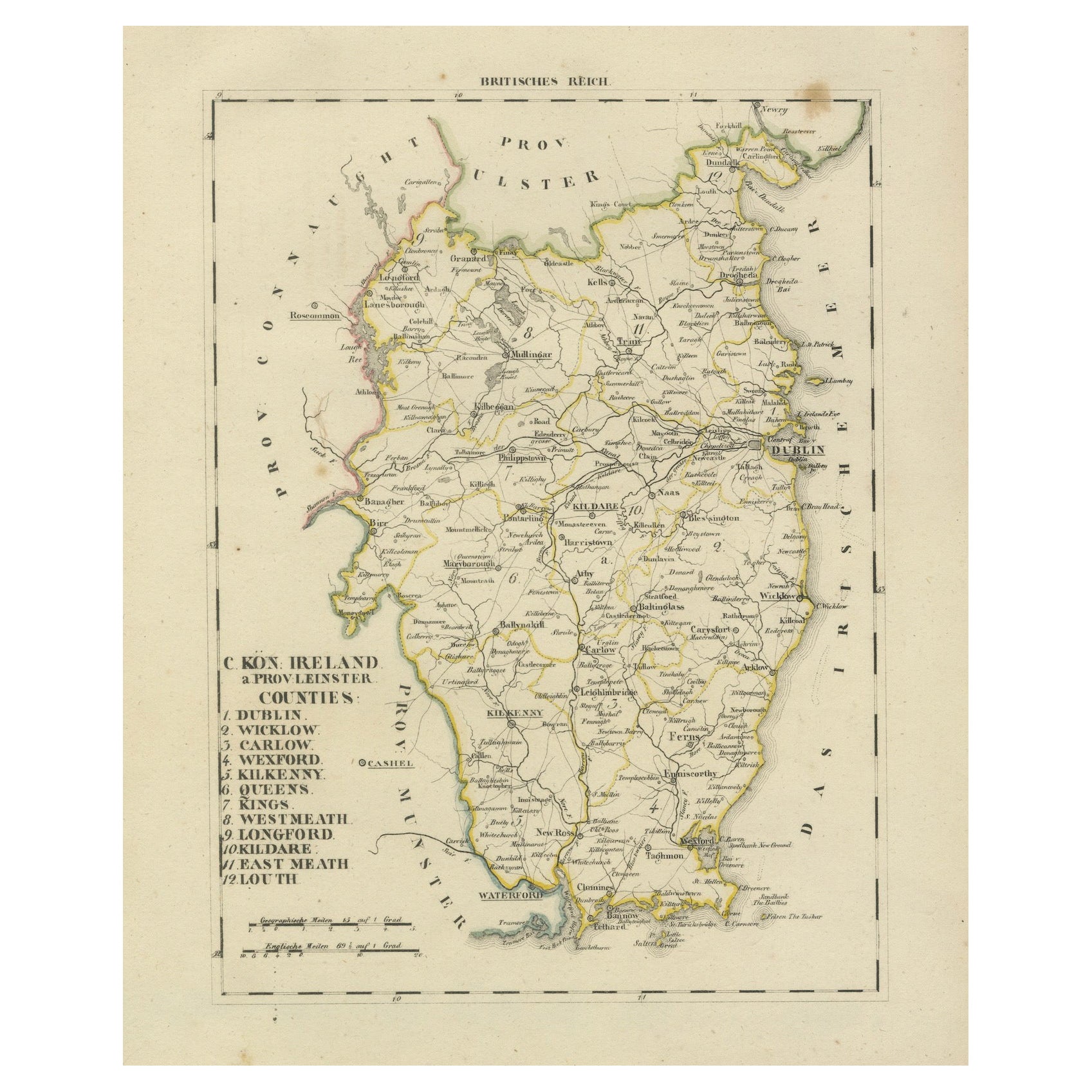 Antique 1830 Map of Leinster, Ireland with Dublin, Kilkenny, Wexford and Kildare