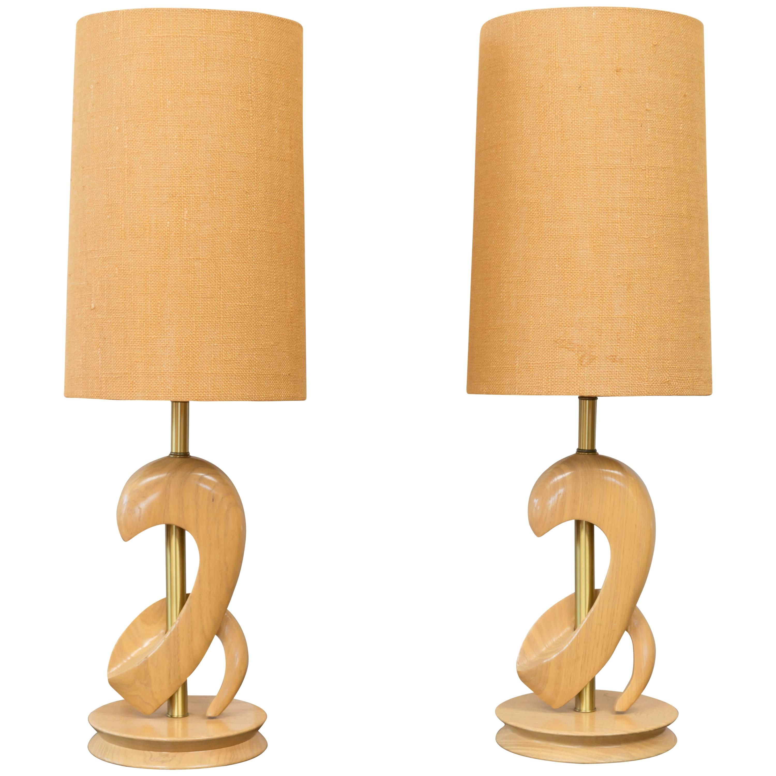  Pair of Sculptural Oak Table Lamps Attributed to Yasha Heifetz