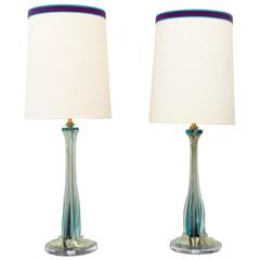 Pair of Monumental Murano Glass Table Lamps with Original Shades