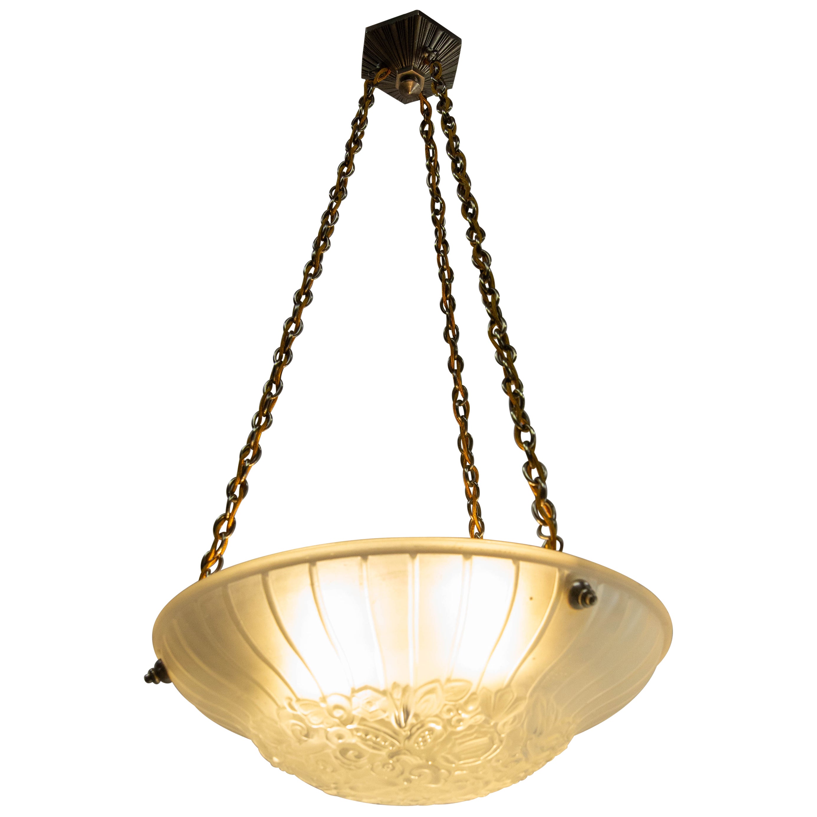 French Art Deco Lustre Glass Ceiling Pendant Chandelier, circa 1925