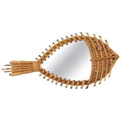 French Riviera Rattan Woven Wicker Fish Shaped Mirror, 1950s