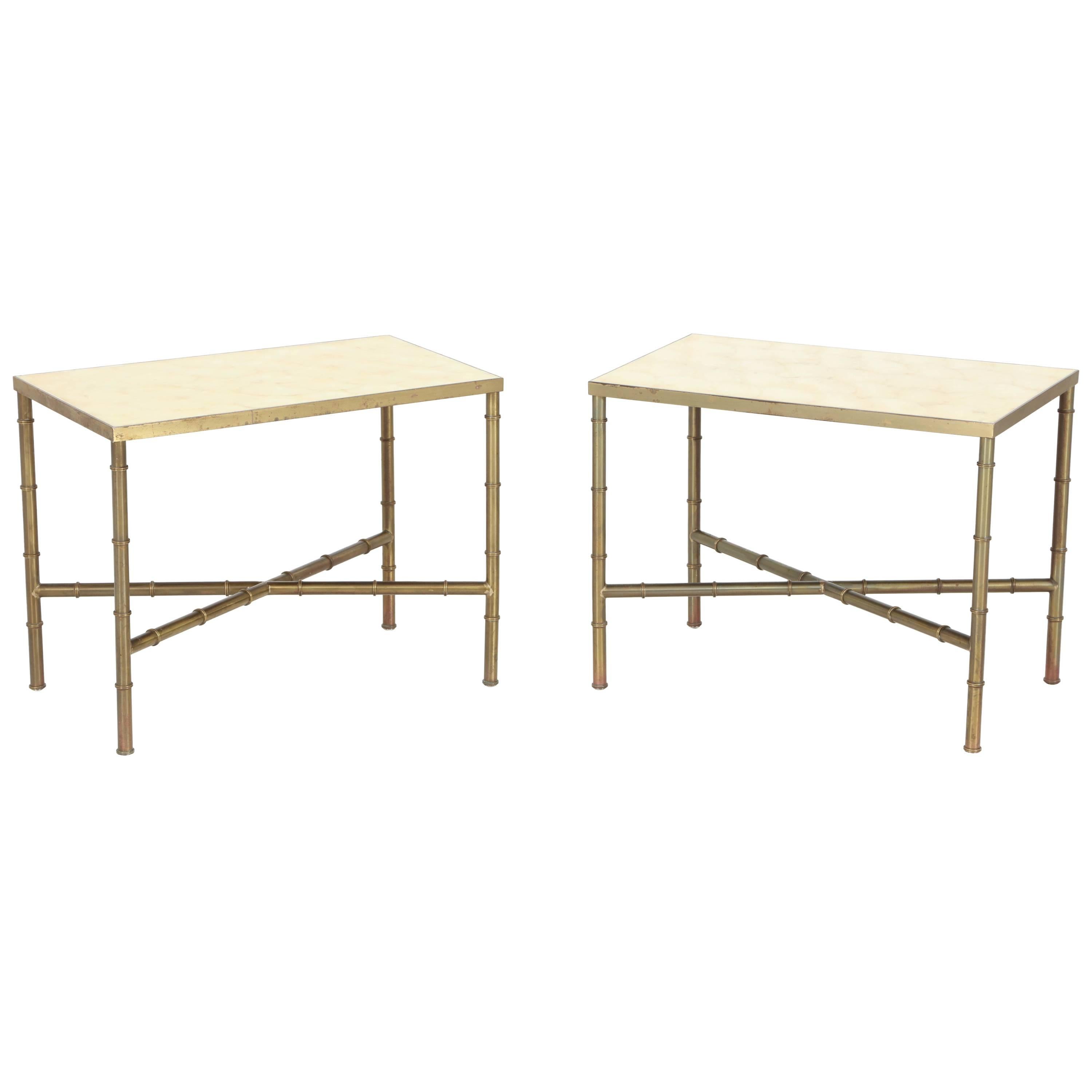 Pair of Brass Faux Bamboo Tables with Capiz Shell Tops For Sale