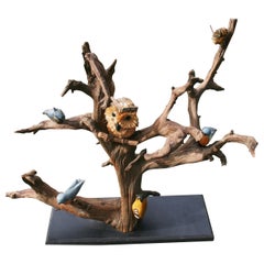 Antique American  Wood Tree Sculpture with Hand Carved and Painted Birds