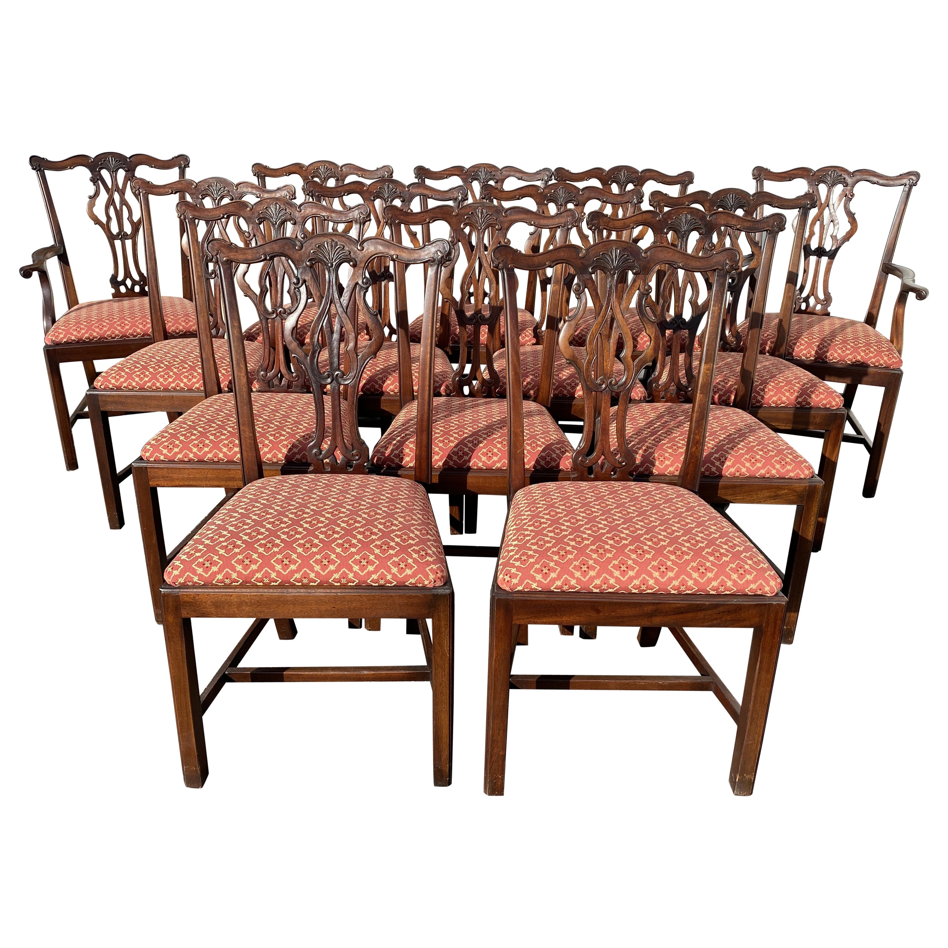 Set of 14 Chippendale Style Mahogany Dining Chairs w/ Upholstered Slip Seats