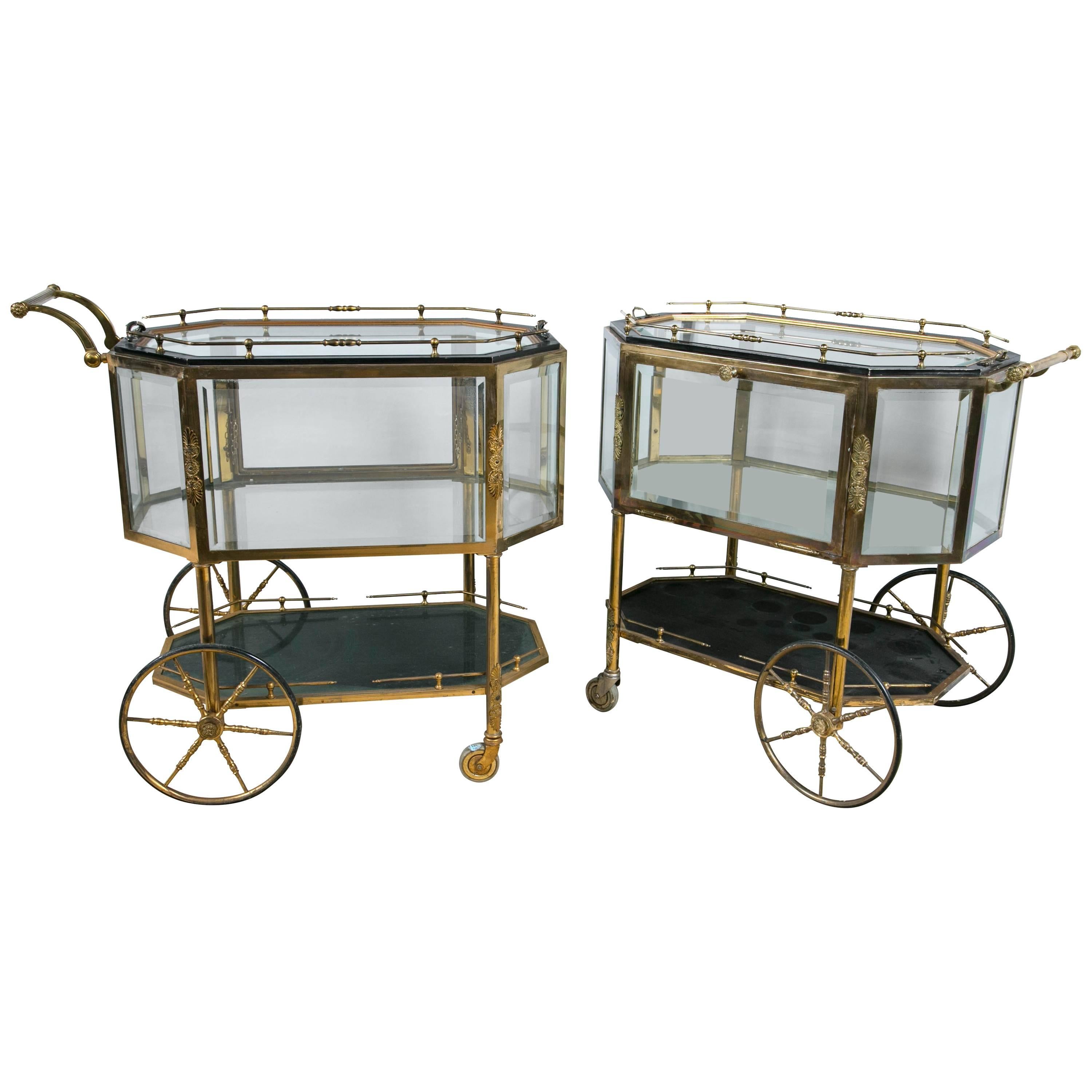 Pair of Bronze Tray Top Showcase Serving Carts