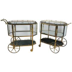 Vintage Pair of Bronze Tray Top Showcase Serving Carts