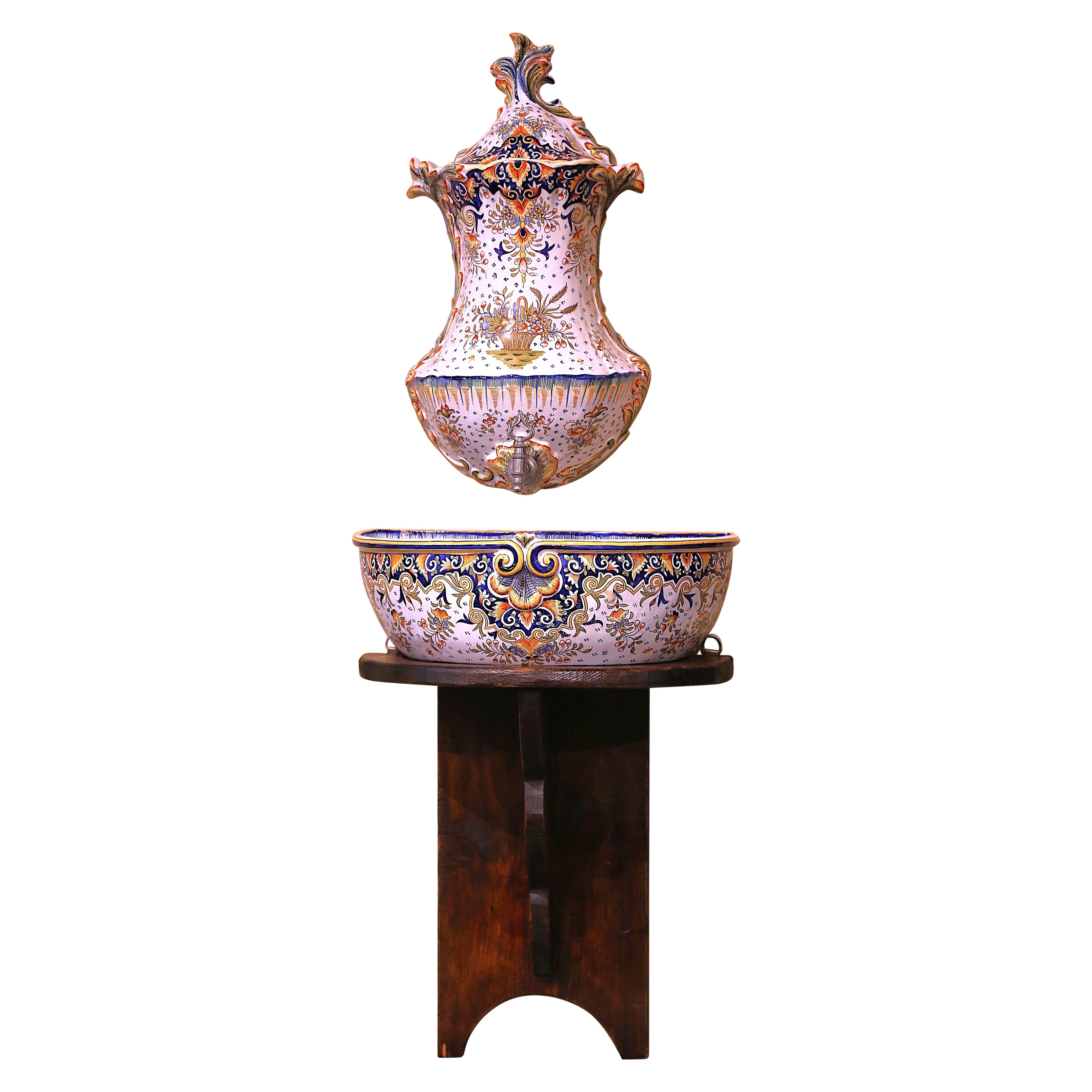 Fontaine Lavabo en faïence peinte à la main avec Stand, début du 20ème siècle