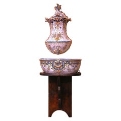 Fontaine Lavabo en faïence peinte à la main avec Stand, début du 20ème siècle