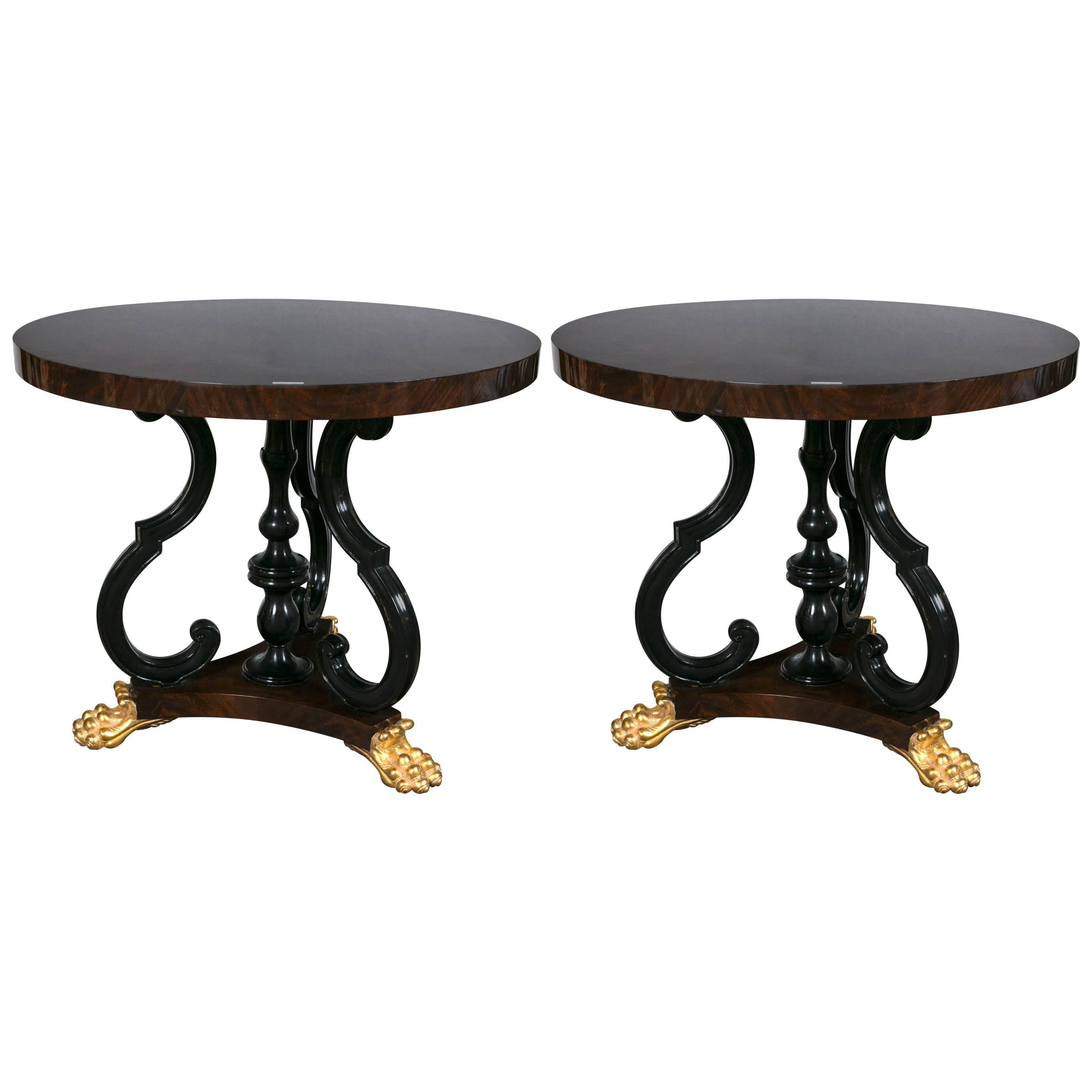 Pair of Jonathan Charles Mahogany Centre Table with Gilded Lions Paw Feet 