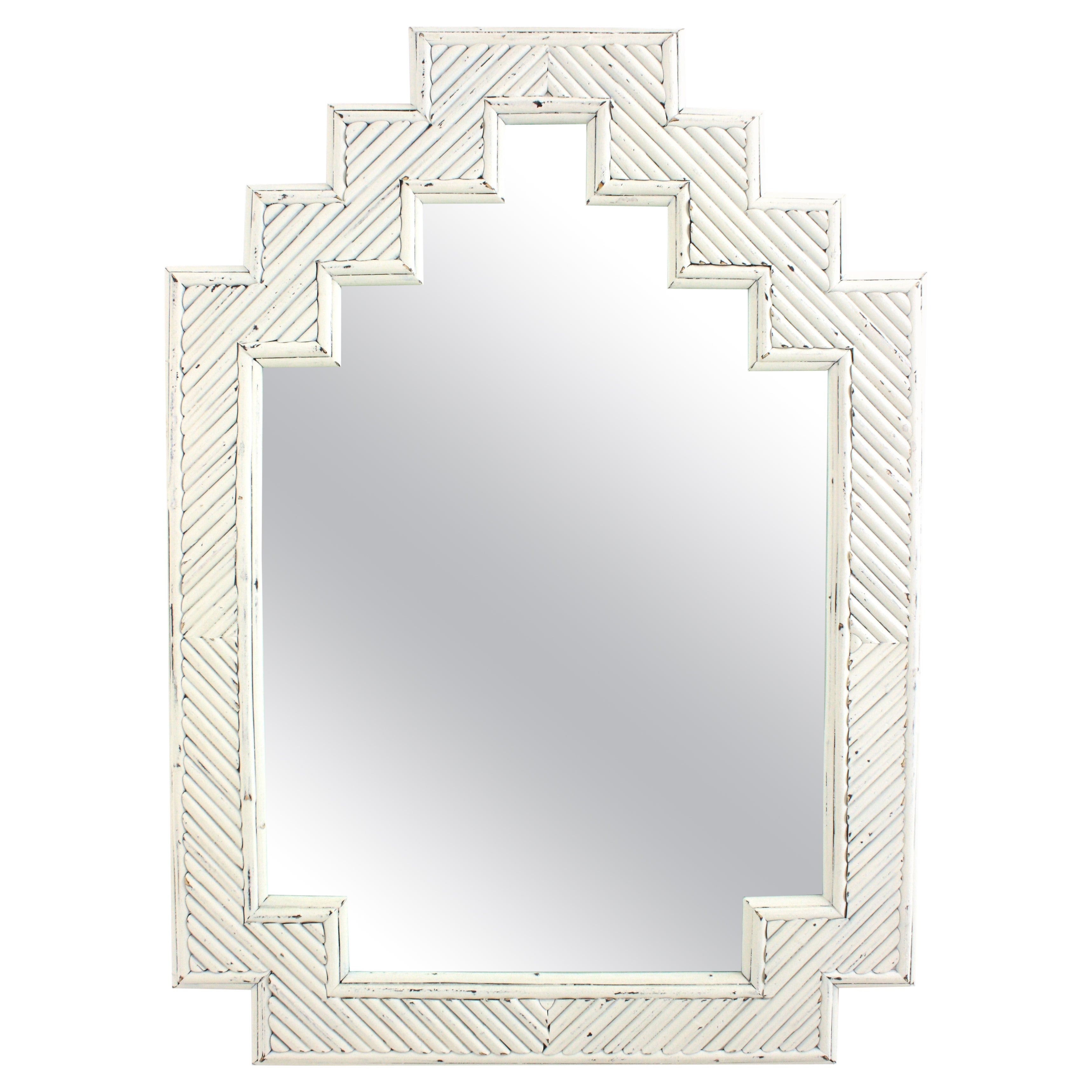 Mid-Century Italian Rattan Bamboo Mirror by Vivai del Sud, White Patina