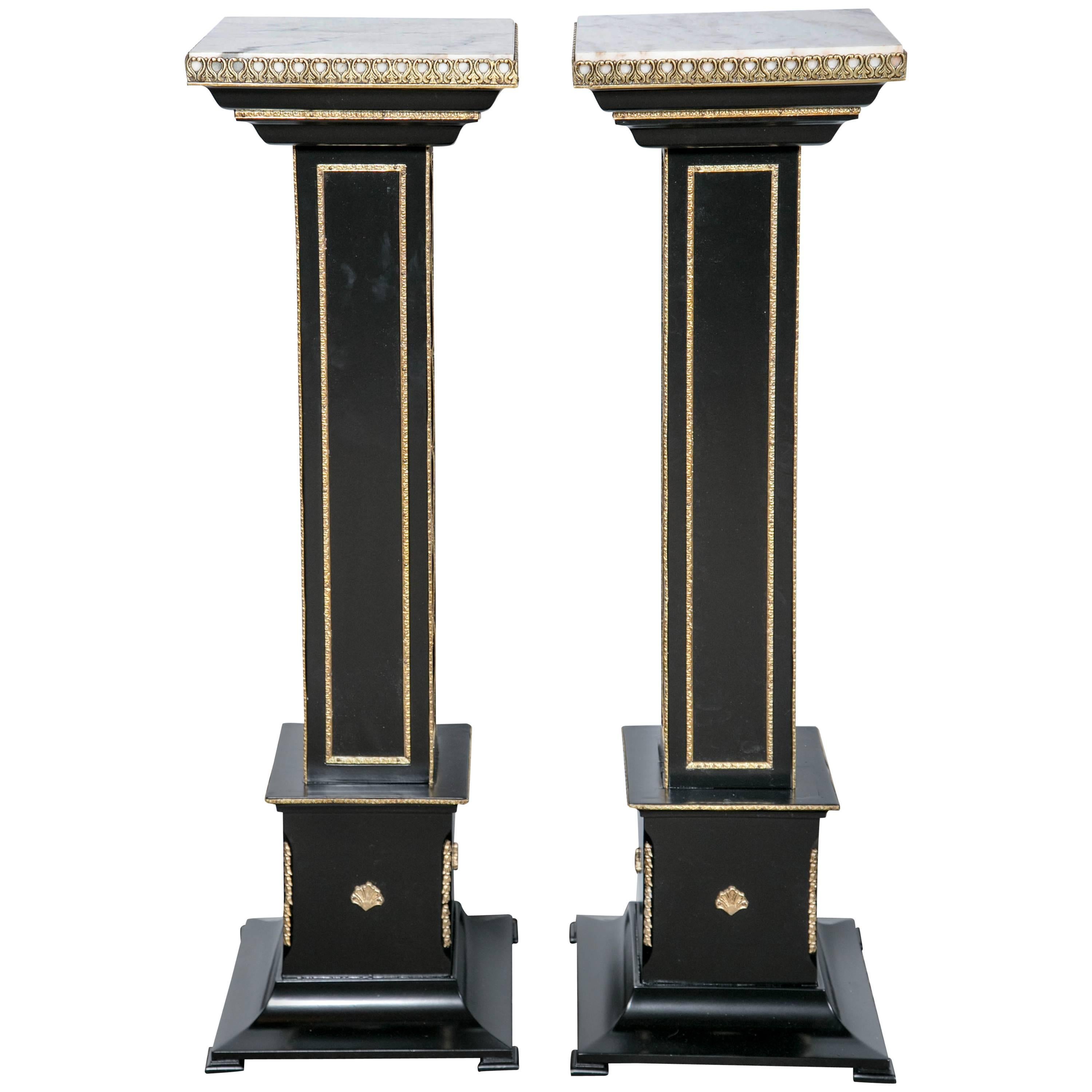 Maison Jansen, Hollywood Regency Pedestals, Ebonized Wood, Marble, Bronze, 1960s For Sale