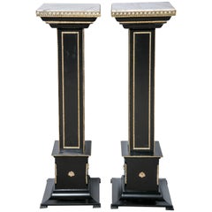 Maison Jansen, Hollywood Regency Pedestals, Wood Wood Ebonized, Marble, Bronze, 1960s