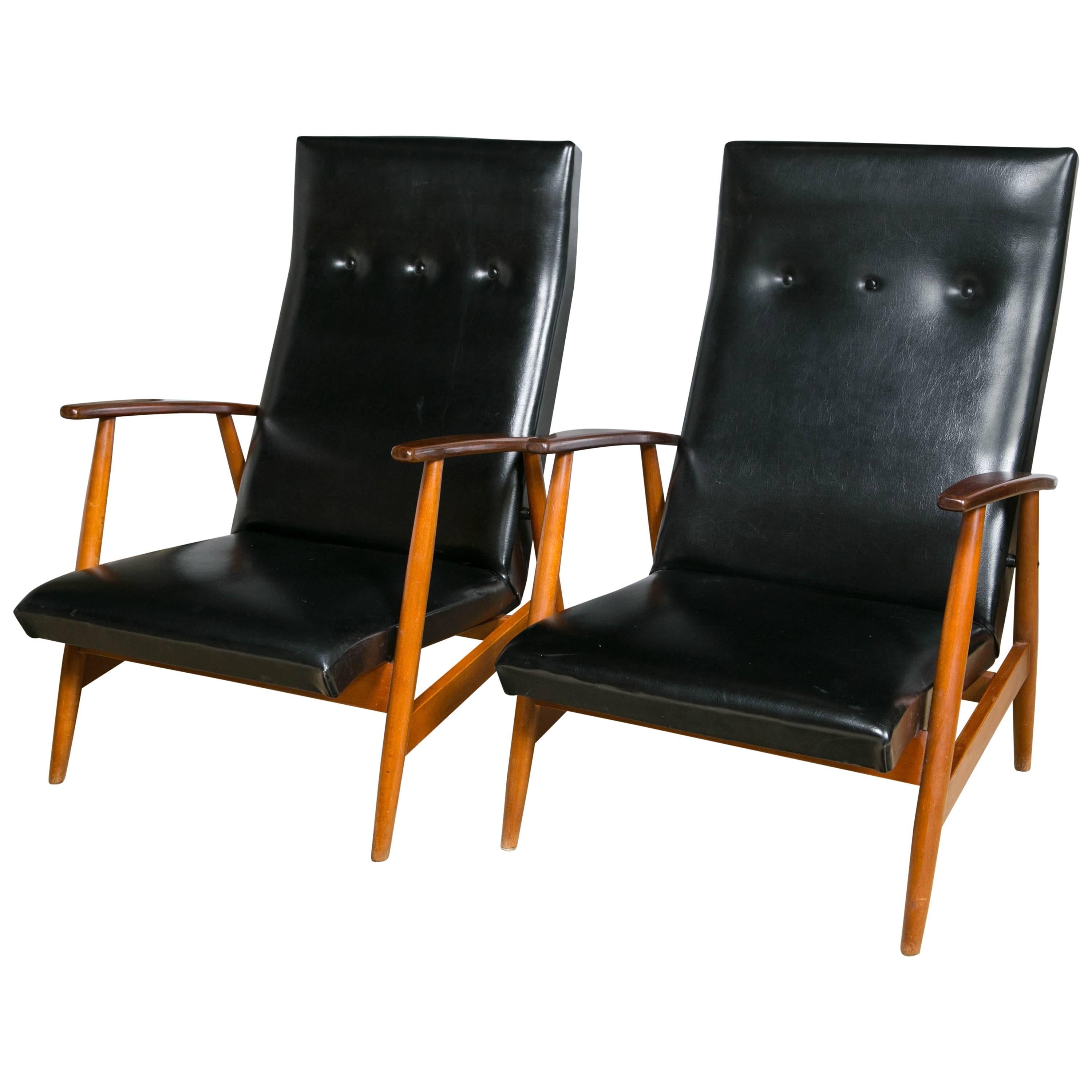 Pair of Mid Century Modern Scandinavian Teak and Black Lounge Chairs For Sale