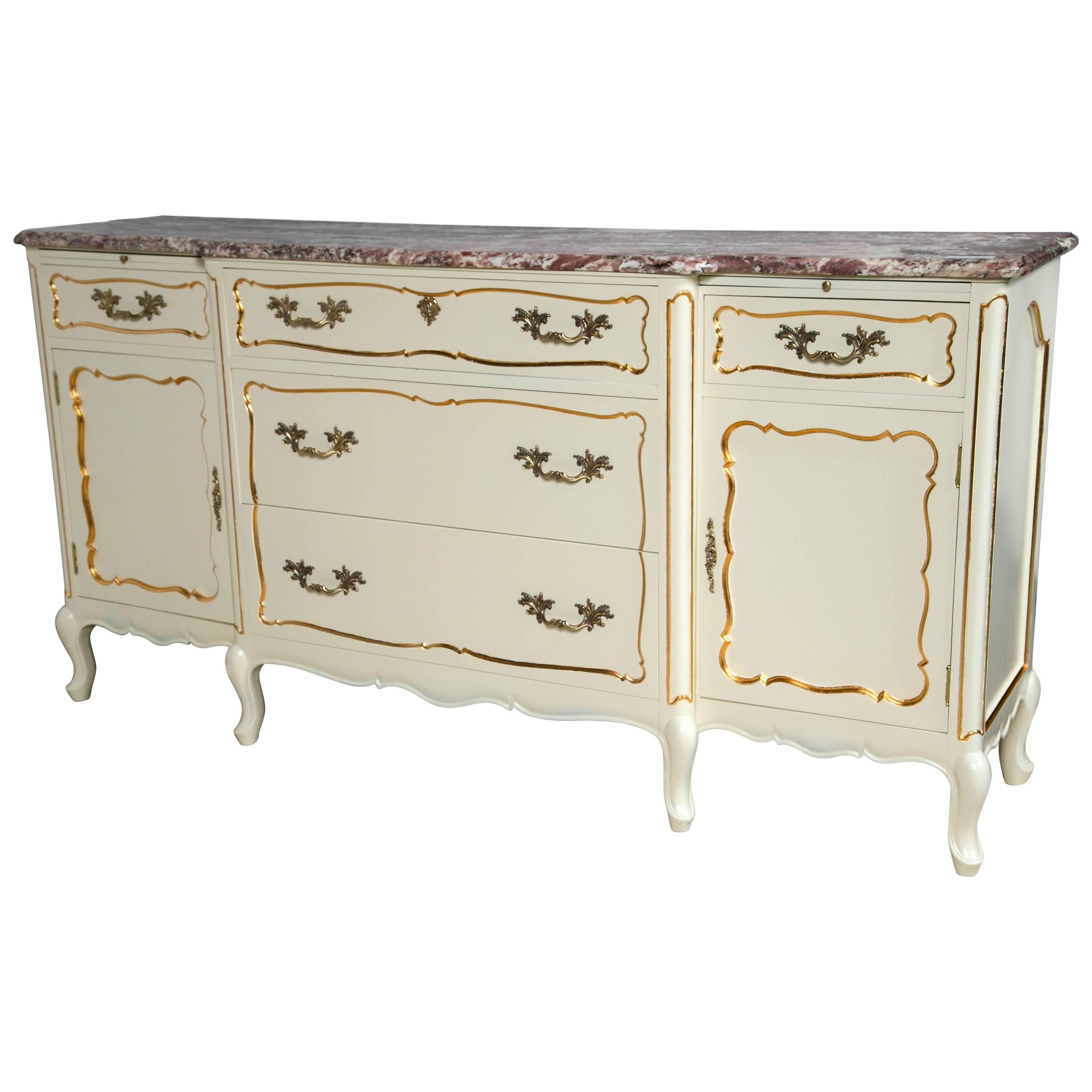 Custom Quality White Marble-Top Paint Decorated and Giltwood Sideboard Dresser For Sale